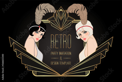 Flapper girl. Art deco 1920s style vintage invitation template design for drink list, bar menu, glamour event, thematic wedding, jazz party flyer. Vector art.