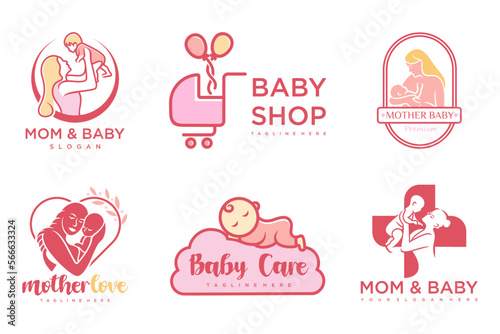 happy baby and mother icon set logo design.badges for children store & baby care center.illustration