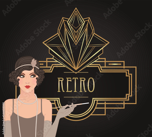 Flapper girl. Art deco 1920s style vintage invitation template design for drink list, bar menu, glamour event, thematic wedding, jazz party flyer. Vector art.