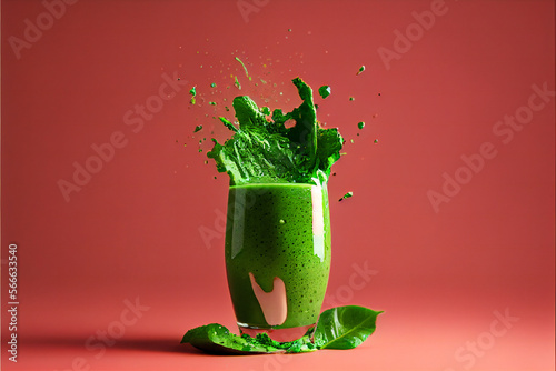 Green Smoothie Splashes With Smoothie Glass on Pink Backdrop AI Generative photo
