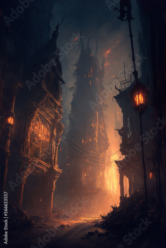 fire in the night city Superb anime and D&D environment 