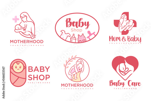 happy baby and mother icon set logo design.badges for children store & baby care center.illustration