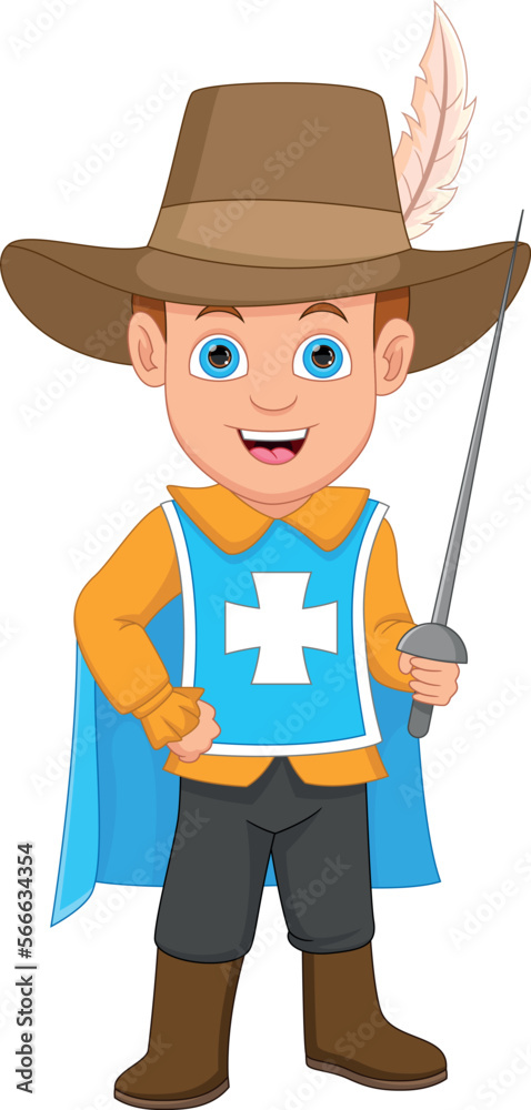 cartoon boy in musketeer costume and holding sword