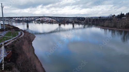  Aerial drone shot of the Ross island Bridge in Portland Oregon