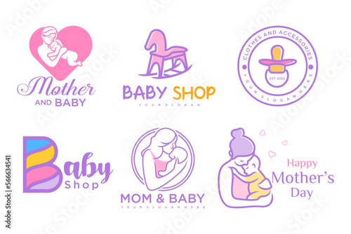 happy baby and mother icon set logo design.badges for children store & baby care center.illustration