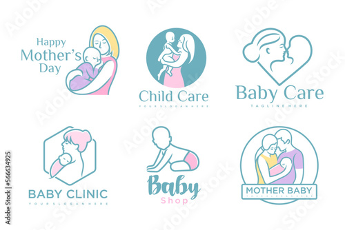 happy baby and mother icon set logo design.badges for children store & baby care center.illustration