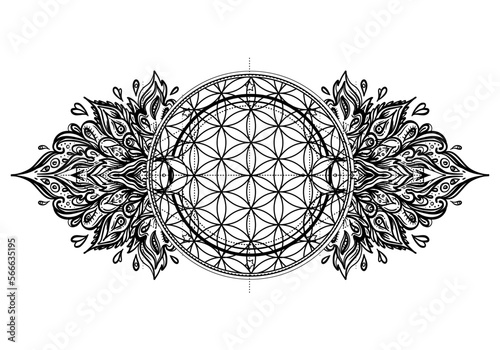 Flower of life, Sacred Geometry. Ayurveda symbol of harmony and balance, universe. Tattoo flesh design, yoga logo. Boho print, poster, t-shirt textile. Anti stress book. Isolated vector illustration.