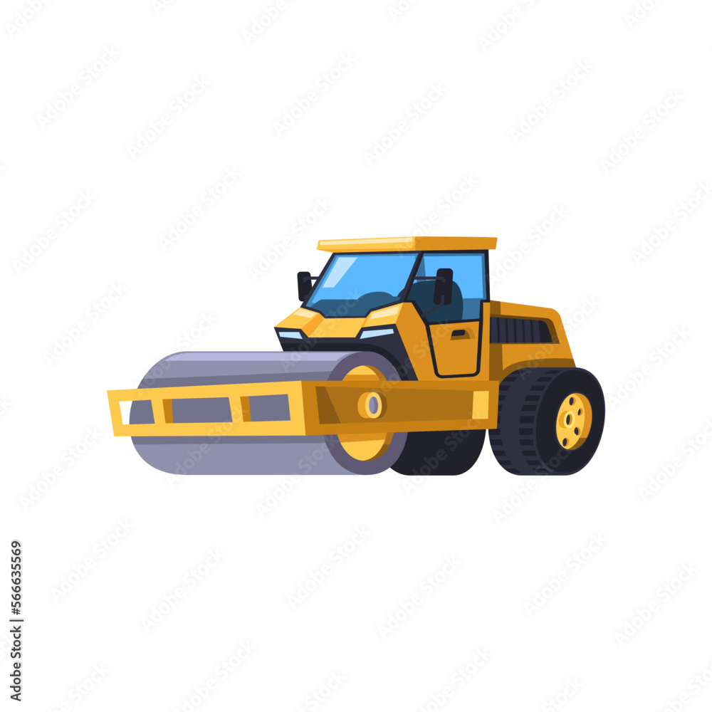 Cartoon road roller isolated on white. Construction equipment. Vector illustration of element for engineering. Machinery, building work concept