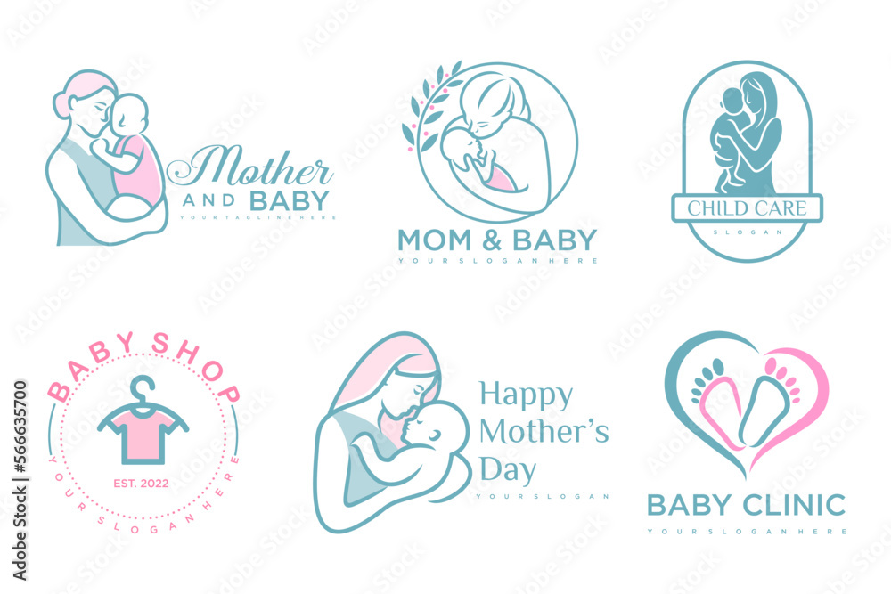 happy baby and mother icon set logo design.badges for children store & baby care center.illustration