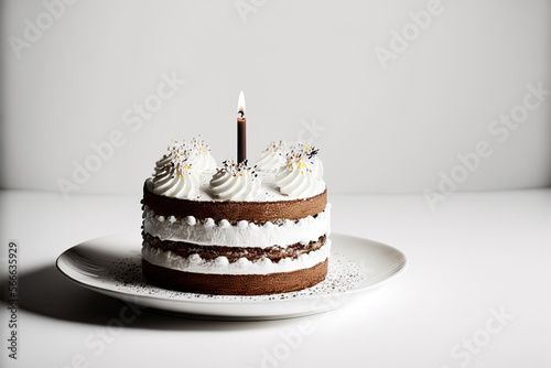 Beautifully decorated birthday cake with burning candles. Generative AI