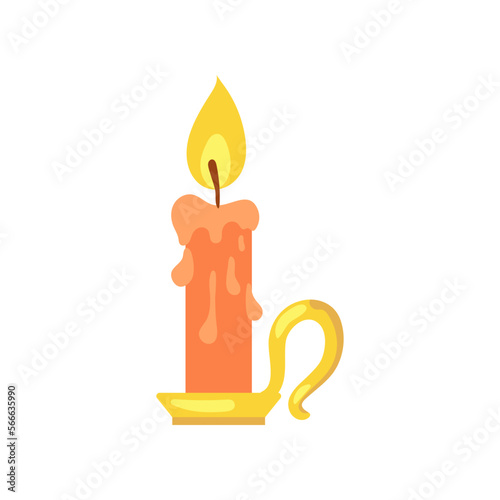 Burning candle on golden holder vector illustration. Cartoon drawing of funny spooky Halloween element isolated on white background. Halloween, fantasy concept