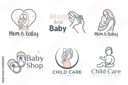 happy baby and mother icon set logo design.badges for children store & baby care center.illustration