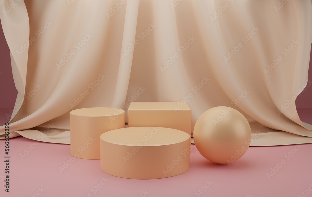 Fototapeta premium Natural 3d Podium for product display. podium empty with geometric shapes and curtain in Peach pastel composition for modern stage display ,abstract showcase background ,3d render