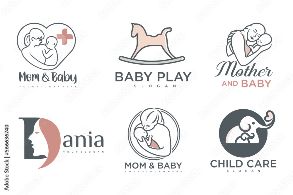 Naklejka premium happy baby and mother icon set logo design.badges for children store & baby care center.illustration