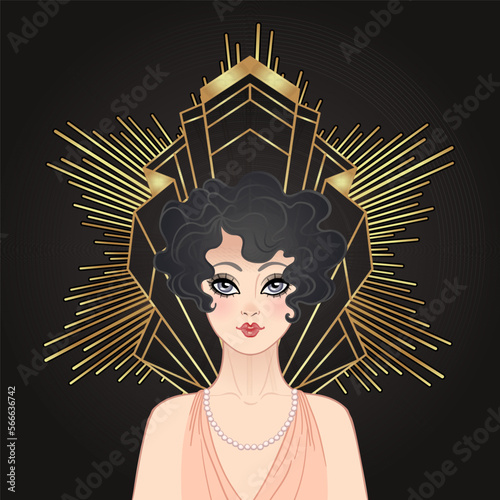 Flapper girl. Art deco 1920s style vintage invitation template design for drink list, bar menu, glamour event, thematic wedding, jazz party flyer. Vector art.