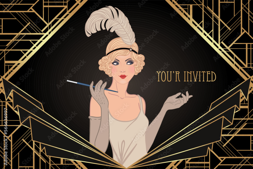 Flapper girl. Art deco 1920s style vintage invitation template design ...