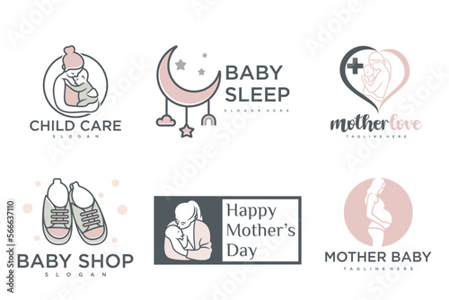 happy baby and mother icon set logo design.badges for children store & baby care center.illustration