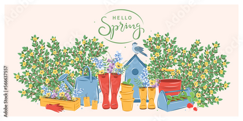 Gardening, growing plants, agricultural tools. Hello spring garden.  Vector illustration.