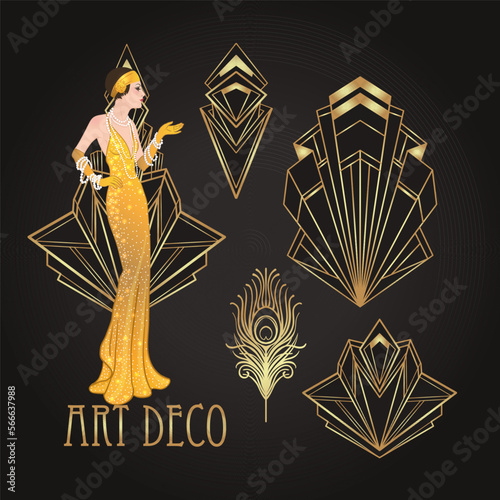 Flapper girl. Art deco 1920s style vintage invitation template design for drink list, bar menu, glamour event, thematic wedding, jazz party flyer. Vector art.