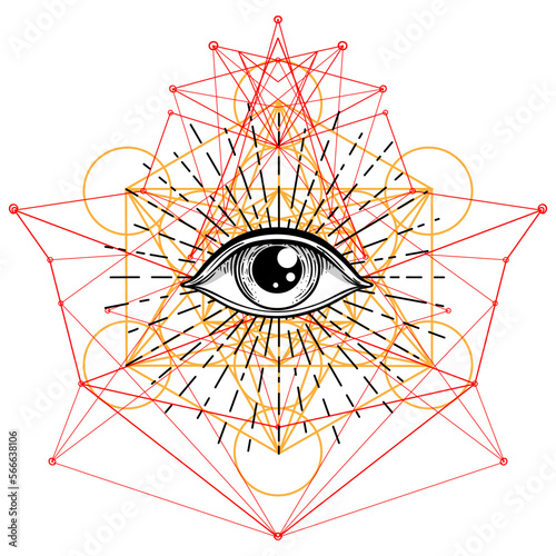 Blackwork tattoo flash. Eye of Providence. Masonic symbol. All seeing eye inside triangle pyramid. New World Order. Sacred geometry, religion, spirituality, occultism. Isolated vector illustration.