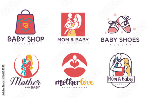 happy baby and mother icon set logo design.badges for children store & baby care center.illustration
