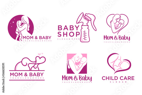 happy baby and mother icon set logo design.badges for children store   baby care center.illustration