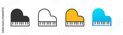 Pinao icon on light background. Black and white keyboard symbol, view above. Grand piano sign. Outline, flat, and colored style. Flat design. Vector illustration.