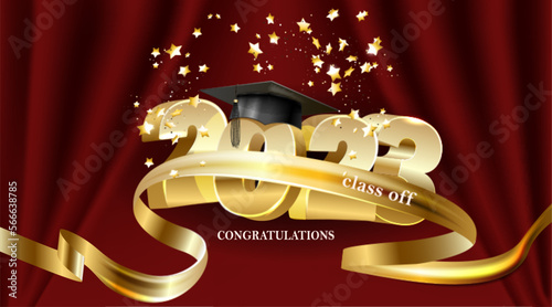 Vector illustration. Class of 2023 badge design template in black and gold colors. Congratulations graduates 2023 banner.