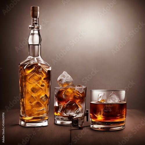 Bottle and glass of whiskey with ice on wooden background. The ice sits on top of a rustic whiskey barrel. Whiskey with ice. - generative ai

