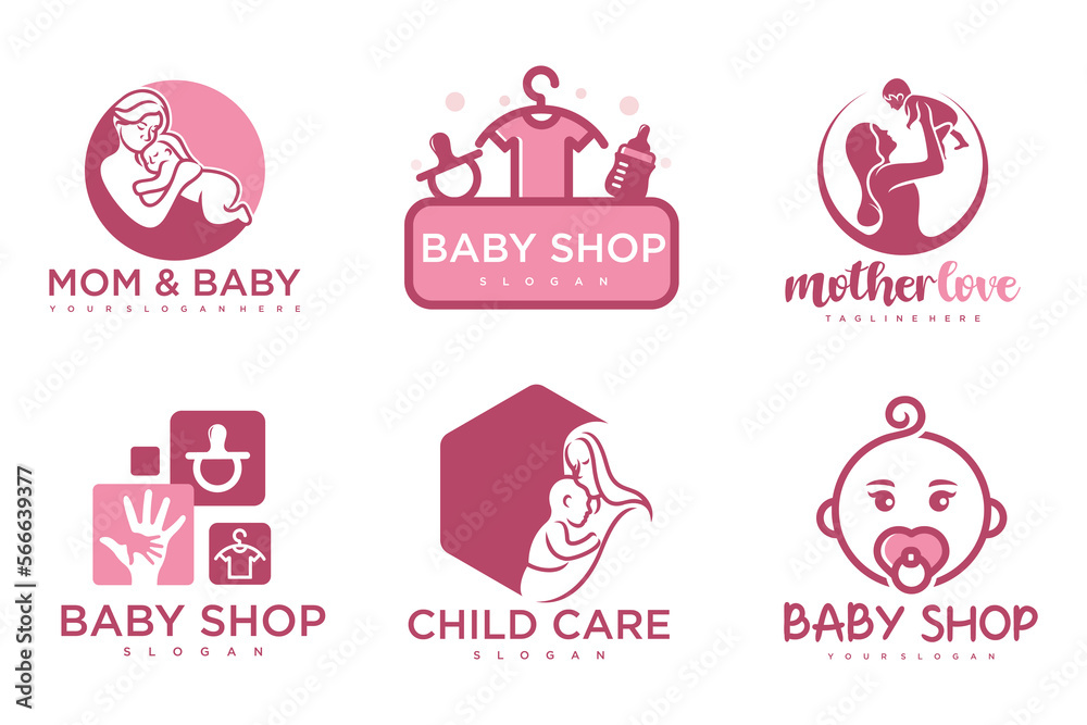 Fototapeta premium happy baby and mother icon set logo design.badges for children store & baby care center.illustration
