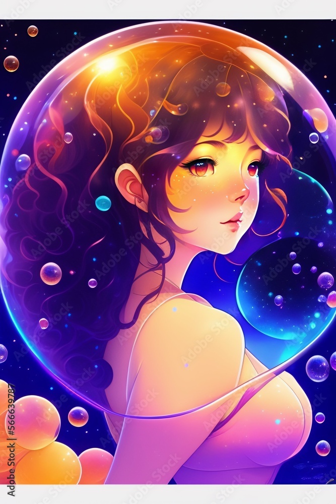 Underwater, bubbles, galactic, purple and orange aura, mucha, manga illustration, blushing cheeks, mustache, transparent bubble, created with Generative AI technology Underwater, bubbles, galactic, purple and orange aura, mucha, manga illustration, blushing cheeks, mustache, transparent bubble, created with Generative AI technology