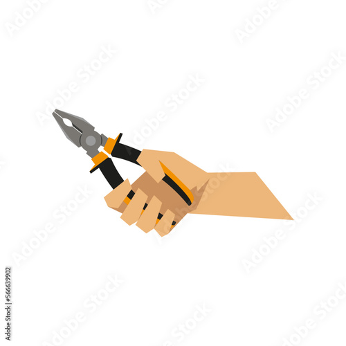 Hand of craftsman holding pliers vector illustration. Cartoon drawing of hand with steel instrument for construction on white background. Construction, industry, repair service concept