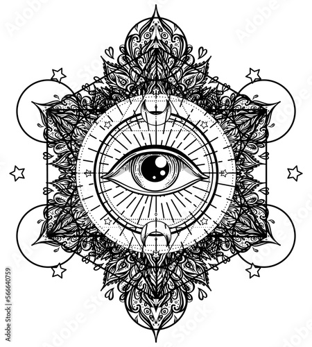 Blackwork tattoo flash. Eye of Providence. Masonic symbol. All seeing eye inside triangle pyramid. New World Order. Sacred geometry, religion, spirituality, occultism. Isolated vector illustration.
