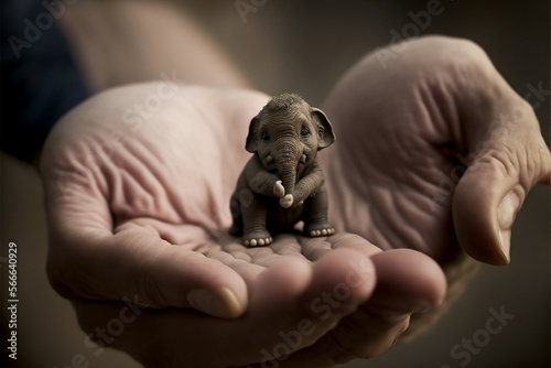 Elefante africano baby nel palmo di una mano, generative ai photo