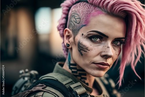 Soldato donna con i capelli rosa e faccia provata, generative ai photo