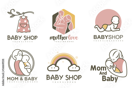 happy baby and mother icon set logo design.badges for children store & baby care center.illustration