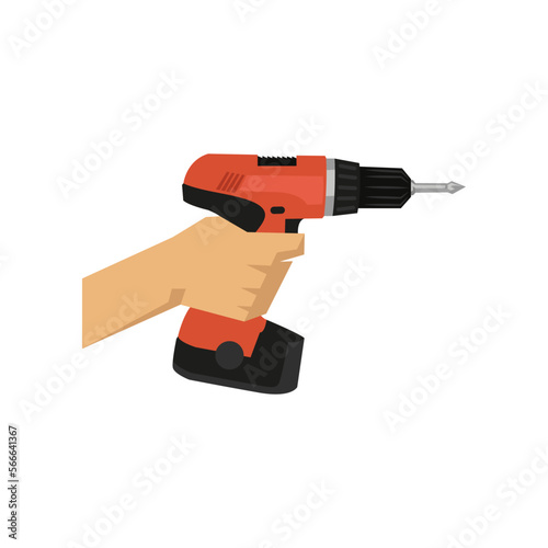 Hand of repairman holding red drill vector illustration. Cartoon drawing of hand with instrument for construction on white background. Construction, industry, repair service concept