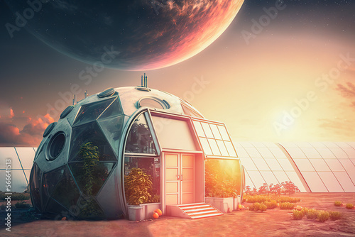 Generative AI illustration of futuristic greenhouse under bright sky photo