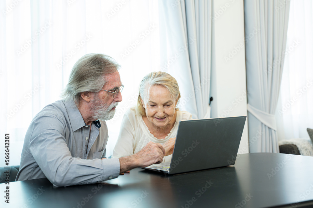 Senior couple working and checking personal finances with laptop at home. Senior couple working and checking personal finances with laptop at home.