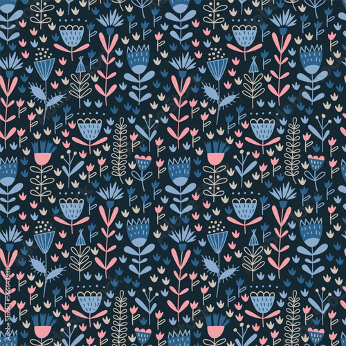 Seamless vector pattern with abstract cute delicate flowers and twigs in pastel colors on a dark background. Floral ornament for textiles