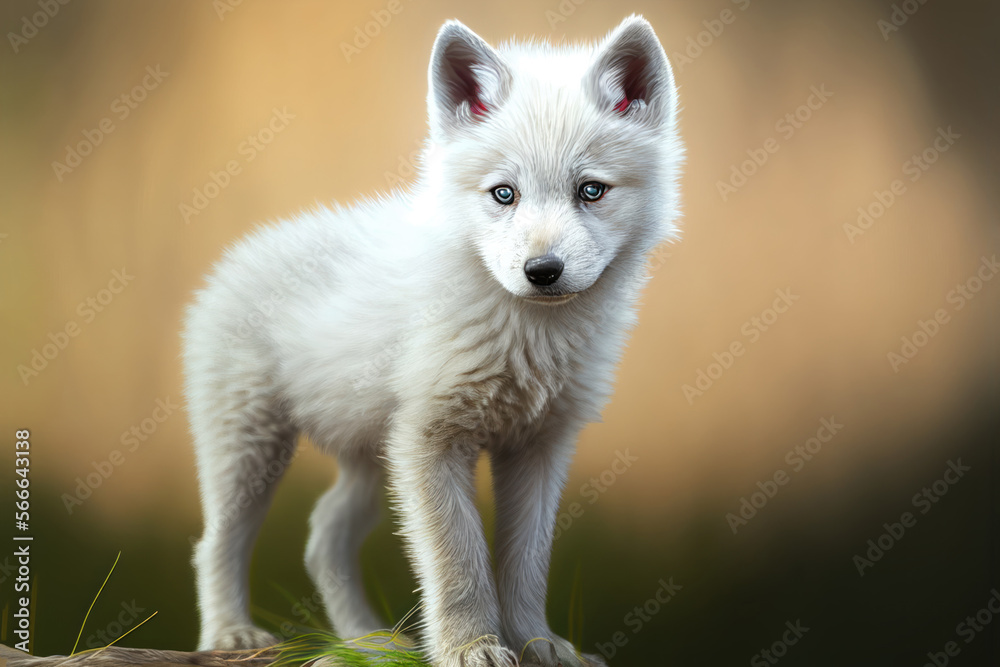 Portrait of a white baby wolf. Arctic wolf cub standing on brown background. AI generative