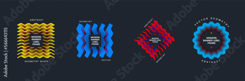 Vector banner template, modern geometric tag with zigzag shape, wavy elements in circle, square, rhombus, text in center. photo