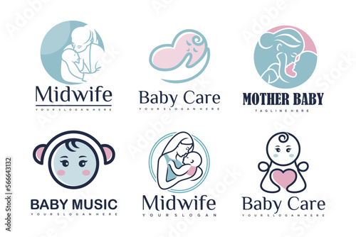 happy baby and mother icon set logo design.badges for children store   baby care center.illustration