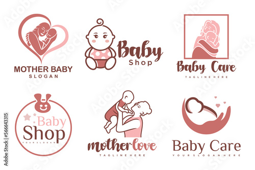 happy baby and mother icon set logo design.badges for children store & baby care center.illustration