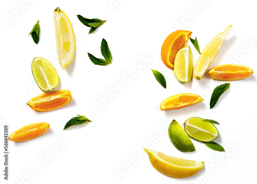 Sliced citrus fruits and mint leaves on a white background