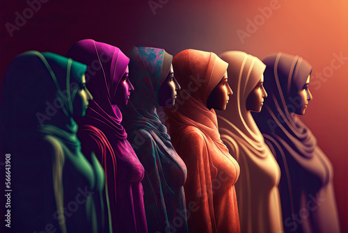 Group of Muslim women claiming their rights. Photorealistic illustration. Generative AI photo