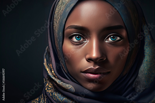 Portrait of a Muslim woman claiming her rights. Photorealistic illustration. Generative AI