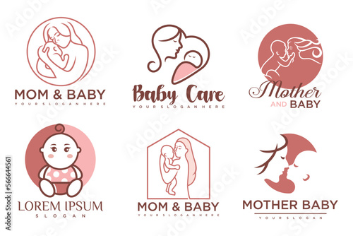happy baby and mother icon set logo design.badges for children store & baby care center.illustration