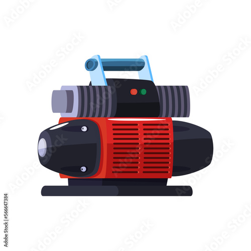 Red and black air compressor illustration. Vector illustration of pneumatic equipment for construction works. Cartoon machine with pump, tank of gas under pressure, rotary engine isolated on white