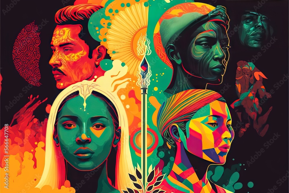 Colorful vector illustration representing the integration between different ethnic groups and cultures, a melting pot. Concept of equality and social integration, no to racism - AI generated content
